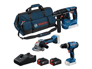 Conjunto Aparafusadora com percussão GSB 18V-25 + Martelo GBH 18V-18 + Rebarbadora GWS 18V-8 (125) + 2 Baterias 18V 4.0Ah BOSCH