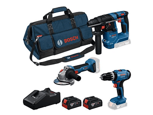 Conjunto Aparafusadora com percussão GSB 18V-25 + Martelo GBH 18V-28 + Rebarbadora GWS 18V-8 (125) + 2 Baterias 18V 4.0Ah BOSCH