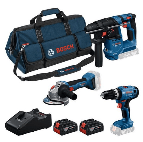 Conjunto Aparafusadora com percussão GSB 18V-25 + Martelo GBH 18V-18 + Rebarbadora GWS 18V-8 (125) + 2 Baterias 18V 4.0Ah BOSCH