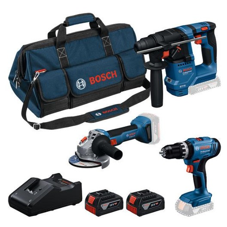 Conjunto Aparafusadora com percussão GSB 18V-25 + Martelo GBH 18V-28 + Rebarbadora GWS 18V-8 (125) + 2 Baterias 18V 4.0Ah BOSCH 1