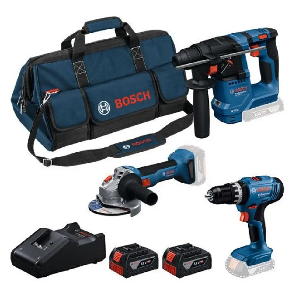 Conjunto Aparafusadora com percussão GSB 18V-25 + Martelo GBH 18V-18 + Rebarbadora GWS 18V-8 (125) + 2 Baterias 18V 4.0Ah BOSCH 1