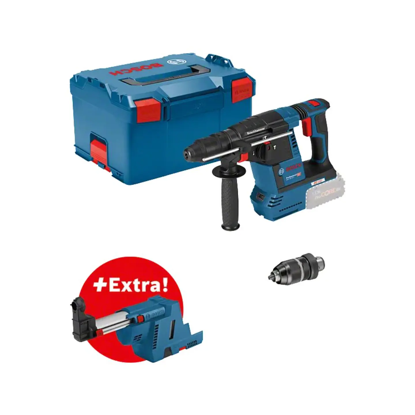 Martelo perfurador sem fio SDS plus PRO HEAVY DUTY GBH 18V-26F + GDE 18V-16 + Mala L-BOXX 238 BOSCH 1