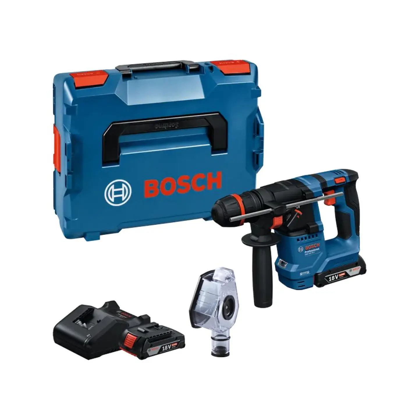 Martelo perfurador SDS Plus sem fio GBH 18V-18 X ONECHUCK + 2 baterias GBA 18V 2.0Ah + Mala L-BOXX BOSCH  1