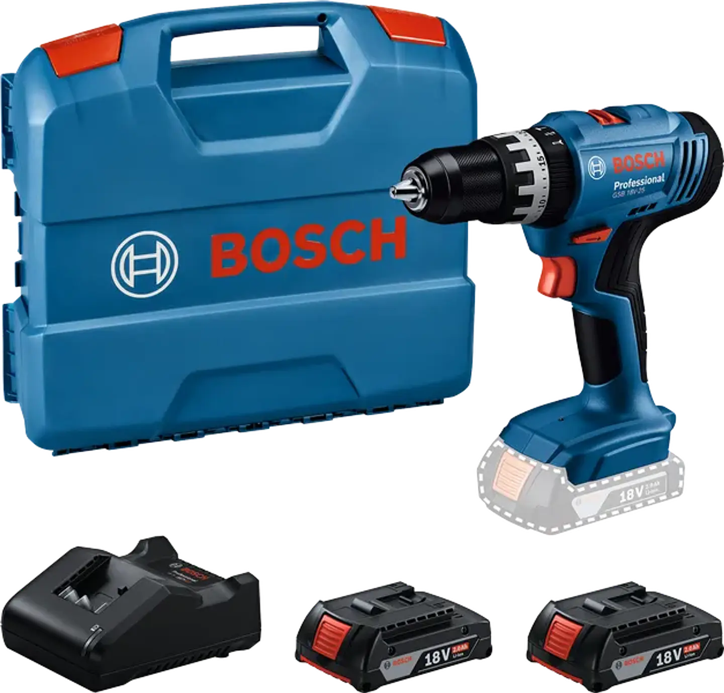 Aparafusadora/Berbequim sem fio GSB 18V-25 + 2 Baterias 18V 2.0Ah + Mala L-Case BOSCH 1
