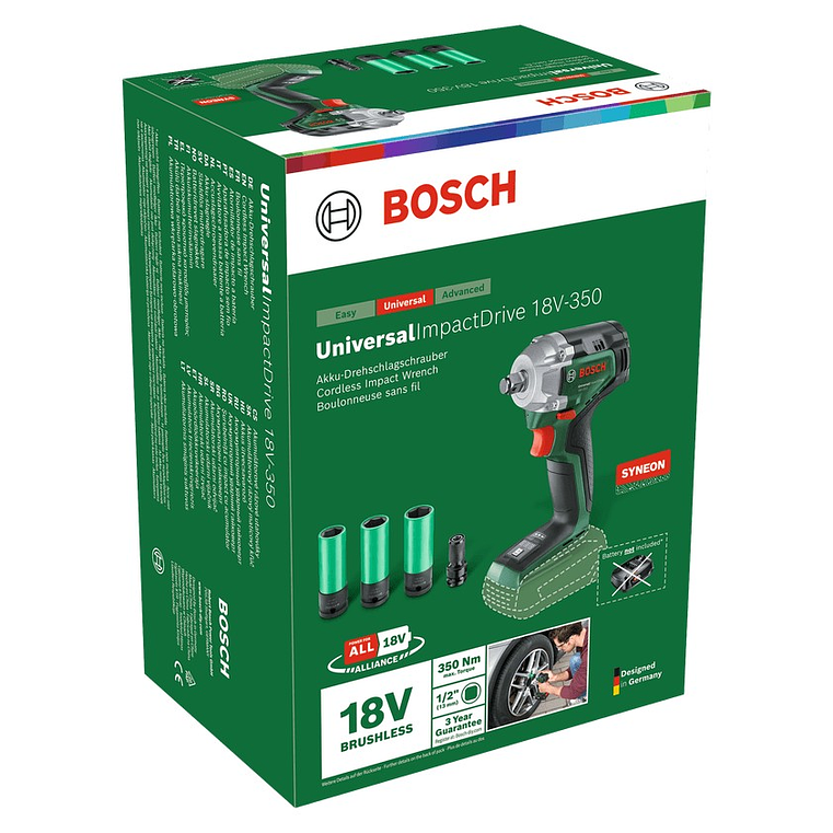 Chave de impacto sem fio UniversalImpactDrive 18V-350 - Sem bateria | Sem carregador | Com conjunto de chaves de caixa BOSCH DIY 3