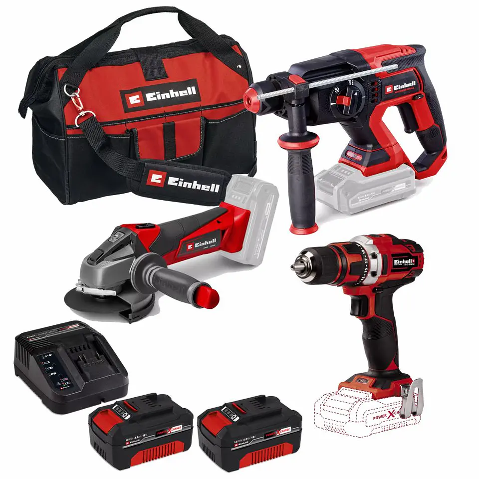 Conjunto de Aparafusadora TE-CD 18/40 Li + Rebarbadora TE-AG 18 Li + Martelo perfurador SDS Plus TP-HD 18/22 D Li BL + 2 Baterias 18V 4.0Ah EINHELL 1