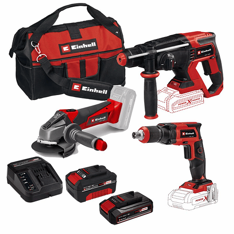 Conjunto de Aparafusadora pladur TE-DY 18 Li + Rebarbadora TE-AG 18 Li + Martelo perfurador SDS Plus TE-HD 18/20 Li + 2 Baterias 18V (2.5Ah + 4.0Ah) EINHELL