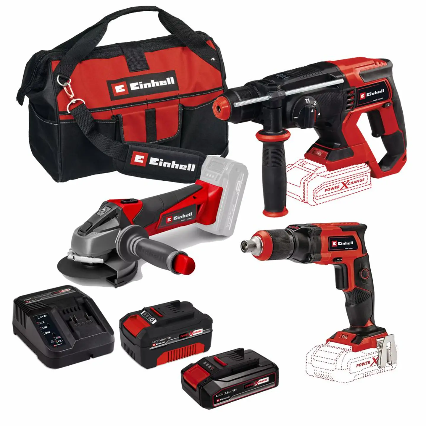 Conjunto de Aparafusadora pladur TE-DY 18 Li + Rebarbadora TE-AG 18 Li + Martelo perfurador SDS Plus TE-HD 18/20 Li + 2 Baterias 18V (2.5Ah + 4.0Ah) EINHELL 1