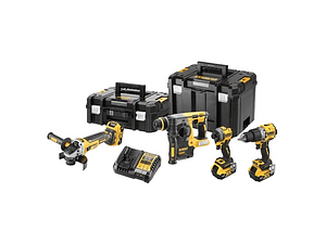 KIT XR 18V = DCD805 Berbequim Percutor + DCF850 Aparafusador de Impacto + DCG405 Rebarbadora + DCH273 Martelo + 3 baterias Li-Ion 5Ah + TSTAK II + TSTAK VI DEWALT 