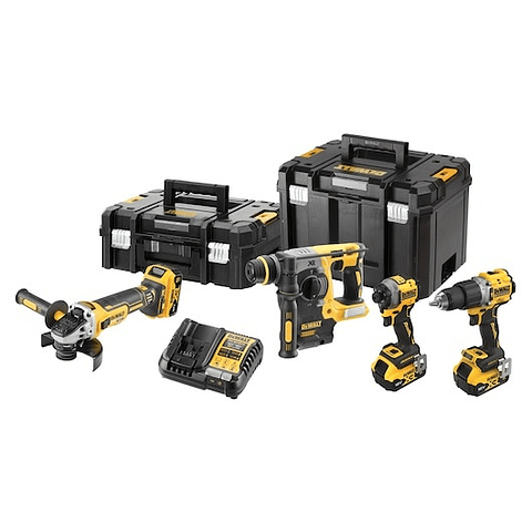 KIT XR 18V = DCD805 Berbequim Percutor + DCF850 Aparafusador de Impacto + DCG405 Rebarbadora + DCH273 Martelo + 3 baterias Li-Ion 5Ah + TSTAK II + TSTAK VI DEWALT 