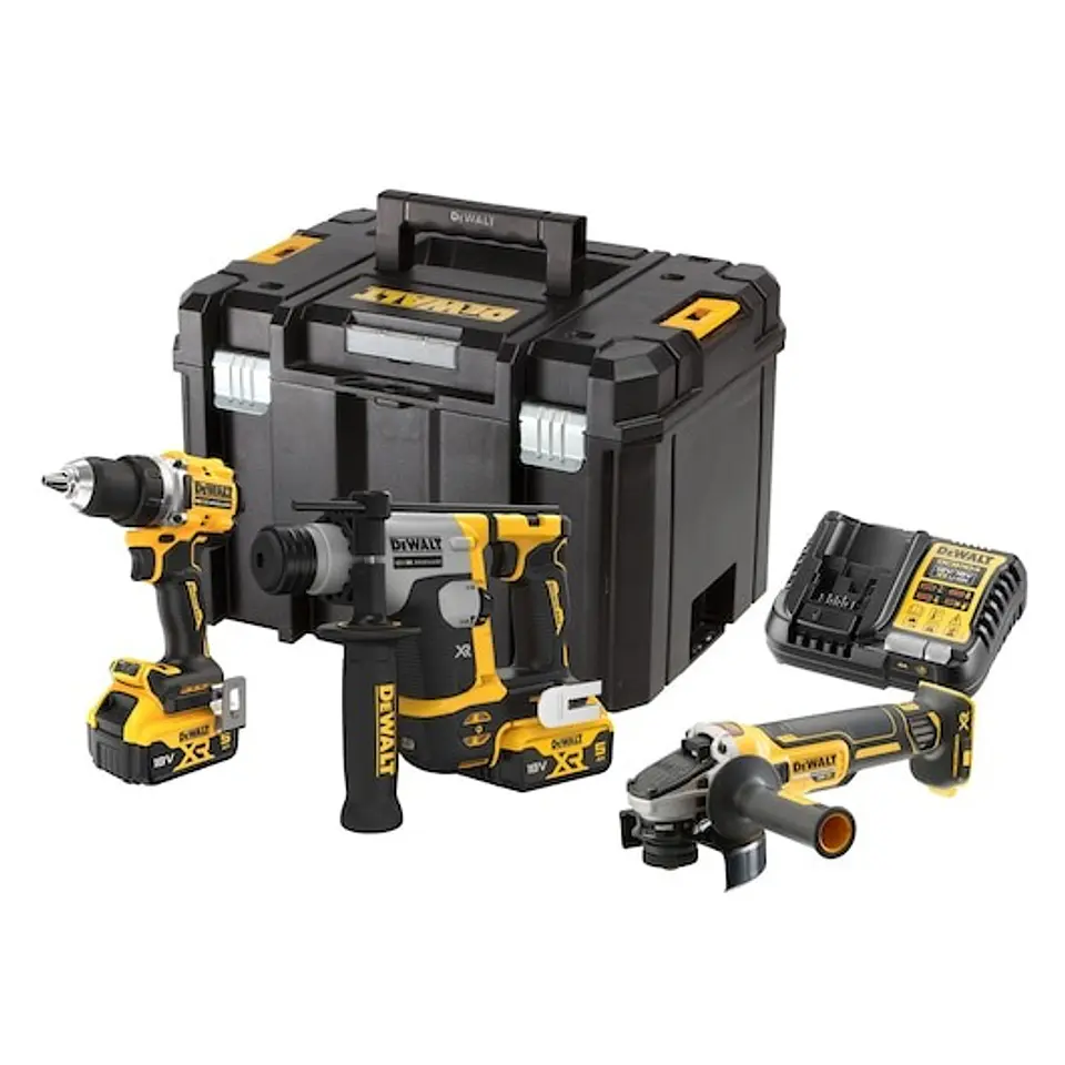 KIT 18V: Berbequim/Aparafusadora DCD800 + Martelo DCH172 + Rebarbadora DCG405 + 2 Baterias DCB184 XR 18V Li-Ion 5Ah + Mala de transporte TSTAK VI DEWALT  1