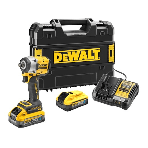 Chave Impacto sem escovas XR 18V 1/2" 406Nm com anel de retenção com 2 baterias POWERSTACK Li-Ion 5Ah e mala TSTAK DEWALT 
