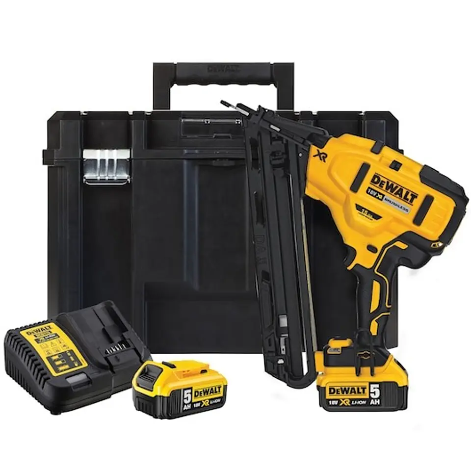 Pregadora de Acabamentos sem escovas XR 18V com 2 baterias Li-Ion 5,0Ah 15 Gauge para pregos 34° de 1,8mm diâmetro e 32-63mm longo DEWALT  1
