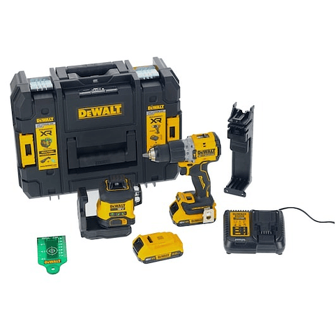 Kit Nível laser verde de 3 linhas 360° XR 18V e berbequim de percussão sem escovas XR 18V DEWALT 