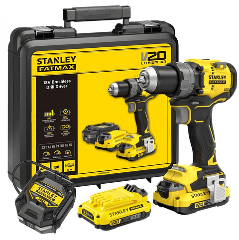Berbequim Aparafusador BRUSHLESS V20 Li-Ion 18V 80Nm. Inclui 2 baterias Li-Ion 2Ah, carregador 1.25A e mala de transporte STANLEY 