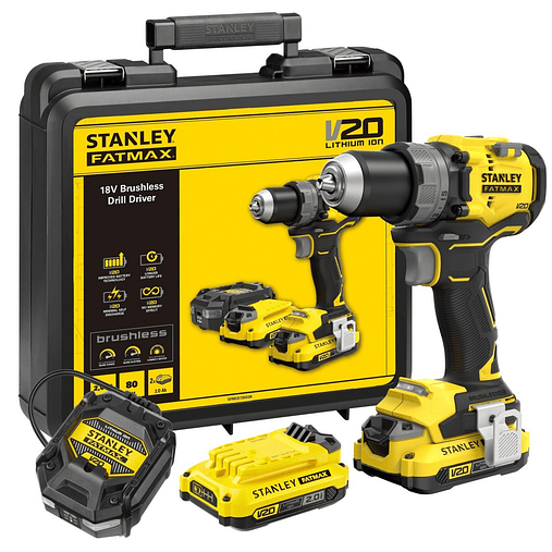 Berbequim Aparafusador BRUSHLESS V20 Li-Ion 18V 80Nm. Inclui 2 baterias Li-Ion 2Ah, carregador 1.25A e mala de transporte STANLEY  1