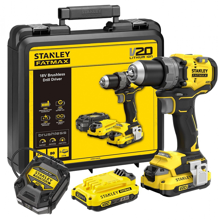 Berbequim Aparafusador BRUSHLESS V20 Li-Ion 18V 80Nm. Inclui 2 baterias Li-Ion 2Ah, carregador 1.25A e mala de transporte STANLEY  1