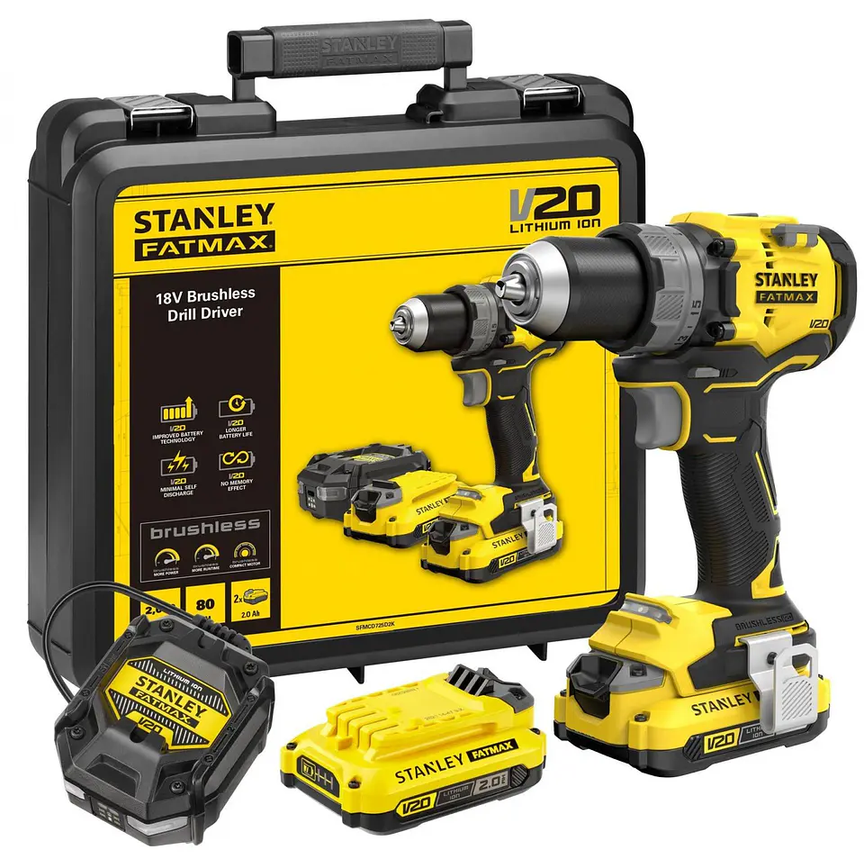 Berbequim Aparafusador BRUSHLESS V20 Li-Ion 18V 80Nm. Inclui 2 baterias Li-Ion 2Ah, carregador 1.25A e mala de transporte STANLEY  1