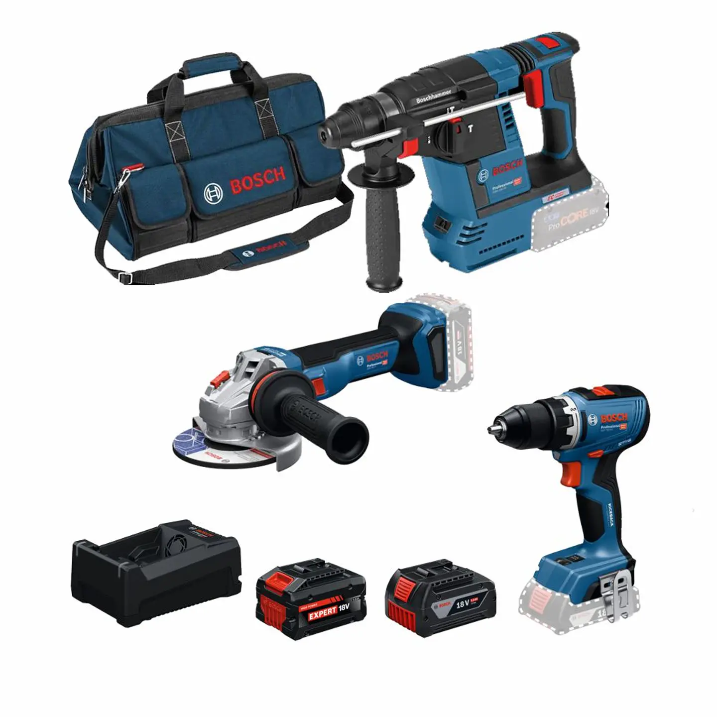 Conjunto Aparafusadora GSR 18V-65+ Rebarbadora GWS 18V-11 (125) + Martelo Perfurador GBH 18V-26 + 2 Baterias 18V (1x5.0Ah, 1x EXBA 18V-55) BOSCH 1