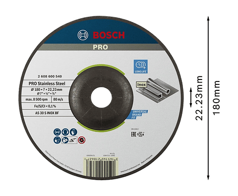 Disco de rebarbar Ø180mm colado PRO Stainless Steel BOSCH 