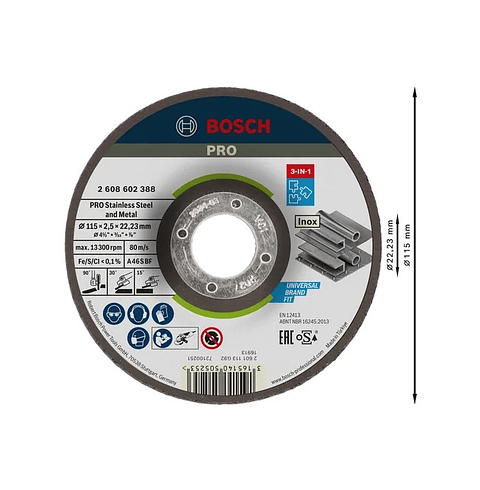 Disco colado 3 em 1 Ø115mm PRO Stainless Steel and Metal BOSCH 
