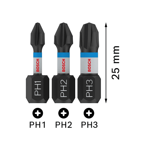 Ponta de aparafusar PRO Impact PH1 / PH2 / PH3 x 25mm (3 unids) BOSCH