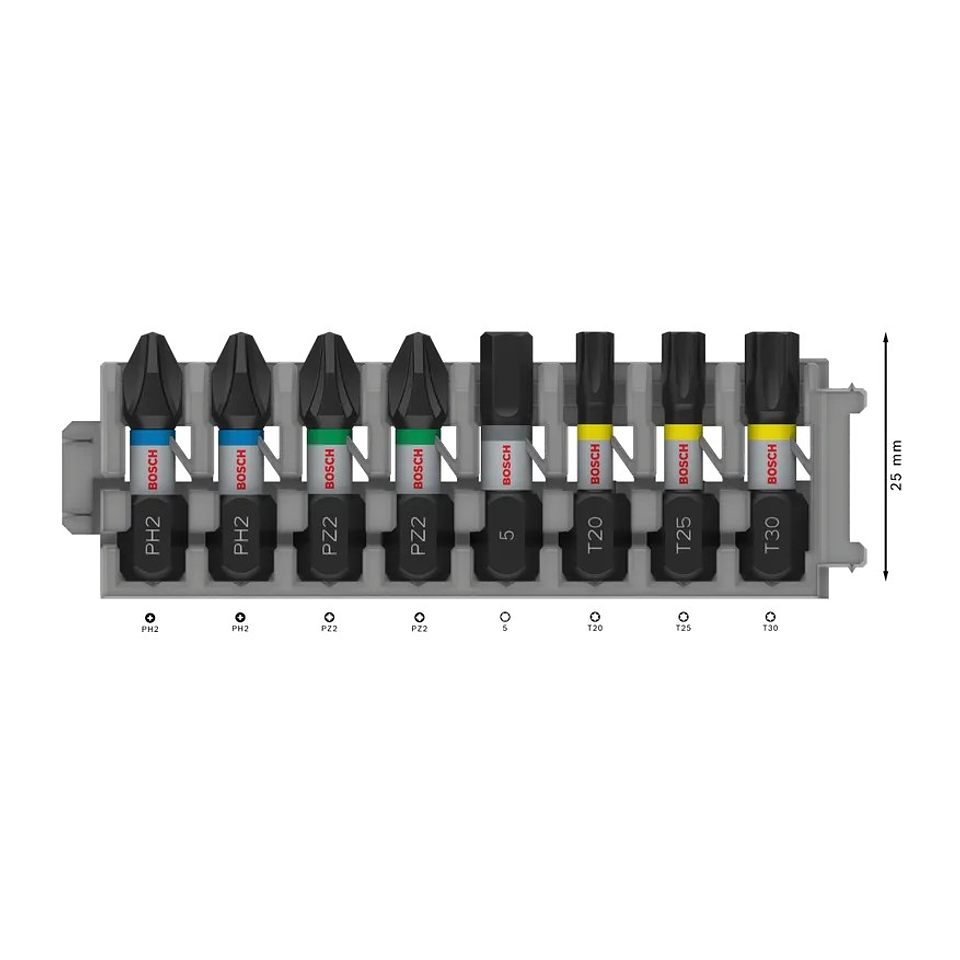 Conjunto de brocas PRO Impact Screwdriver, PH2 (x2); PZ2 (x2); H5; T20; T25; T30, 25 mm, (8 unids) BOSCH 2