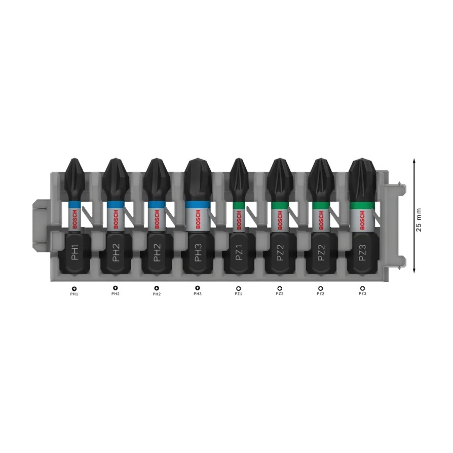 Conjunto de pontas da aparafusar PRO Impact, PH1, PH2(x2), PH3, PZ1, PZ2(x2), PZ3, 25 mm, 8 peças BOSCH
