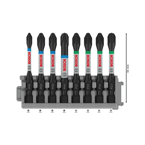 Conjunto de pontas da aparafusar PRO Impact, PH1, PH2(x2), PH3, PZ1, PZ2(x2), PZ3, 55 mm, 8 peças BOSCH