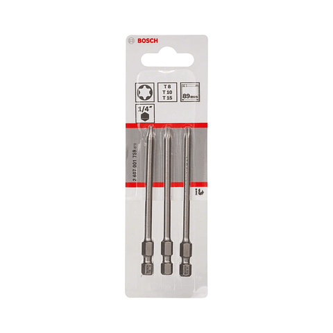Séries mistas de pontas de aparafusadora Extra Hard T8, T10, T15 89mm (3 unids) BOSCH 