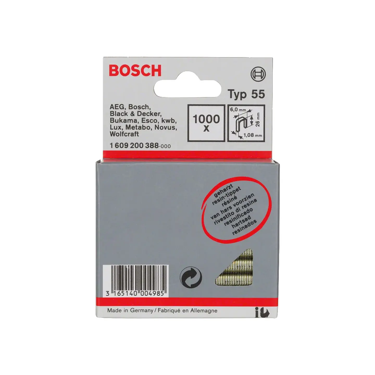 Agrafo de arame fino, tipo 55 (1000 unids) 26mm BOSCH 1