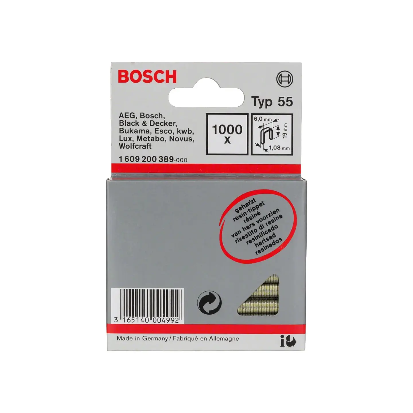 Agrafo de arame fino, tipo 55 (1000 unids) 19mm BOSCH 1
