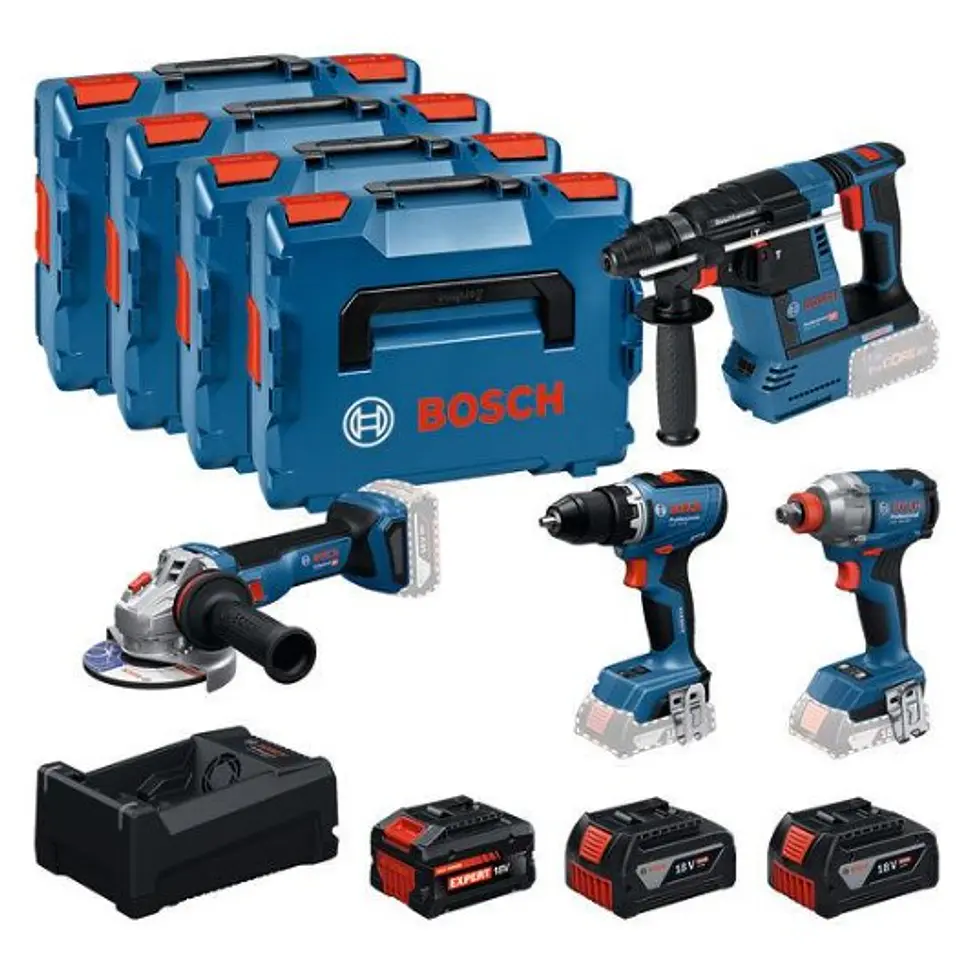 Conjunto Aparafusadora GSR 18V-65 + Aparafusadora impacto GDX 18V-285 + Rebarbadora GWS 18V-11 (125) + Martelo GBH 18V-26 + 3 Baterias (1x EXBA18V +2x 5.0Ah) +  1 Carregador BOSCH 1