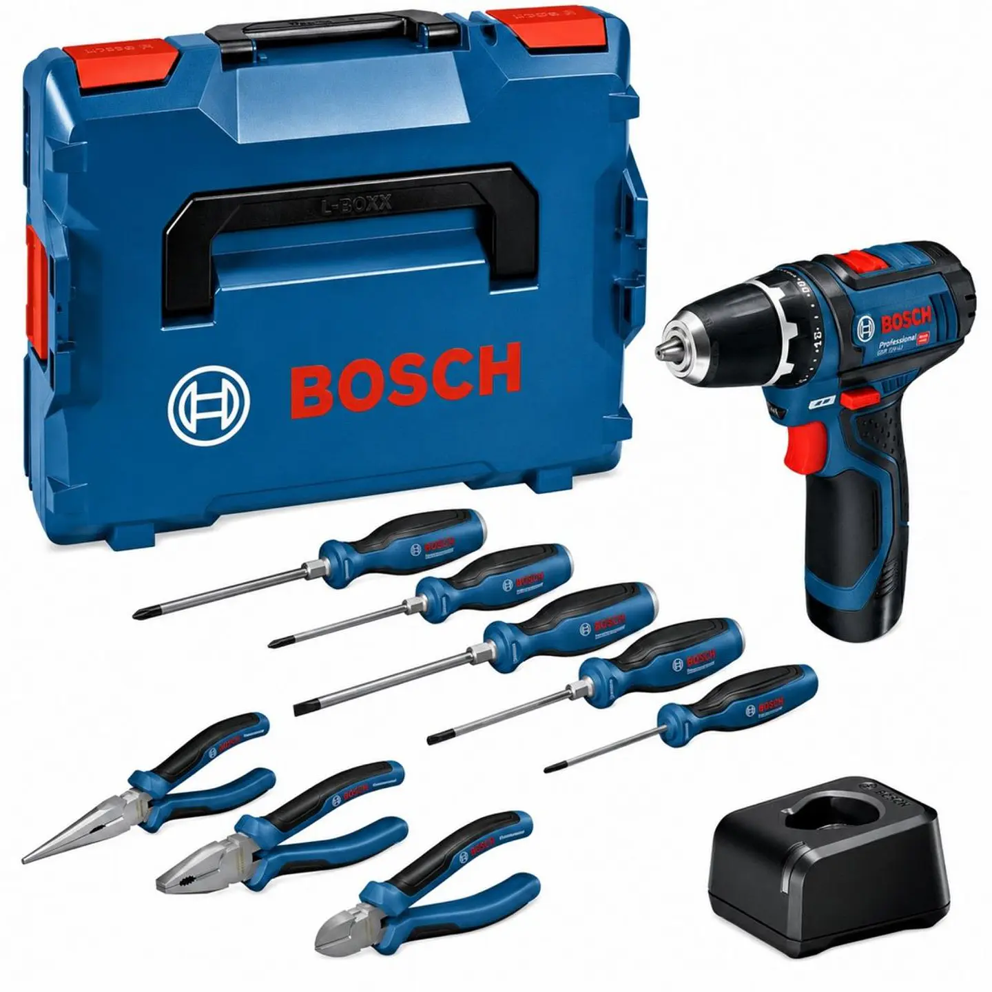 Conjunto de aparafusadora sem fio GSR 12V-15 com 2 baterias 12V 2.0Ah + Ferramentas manuais BOSCH 1
