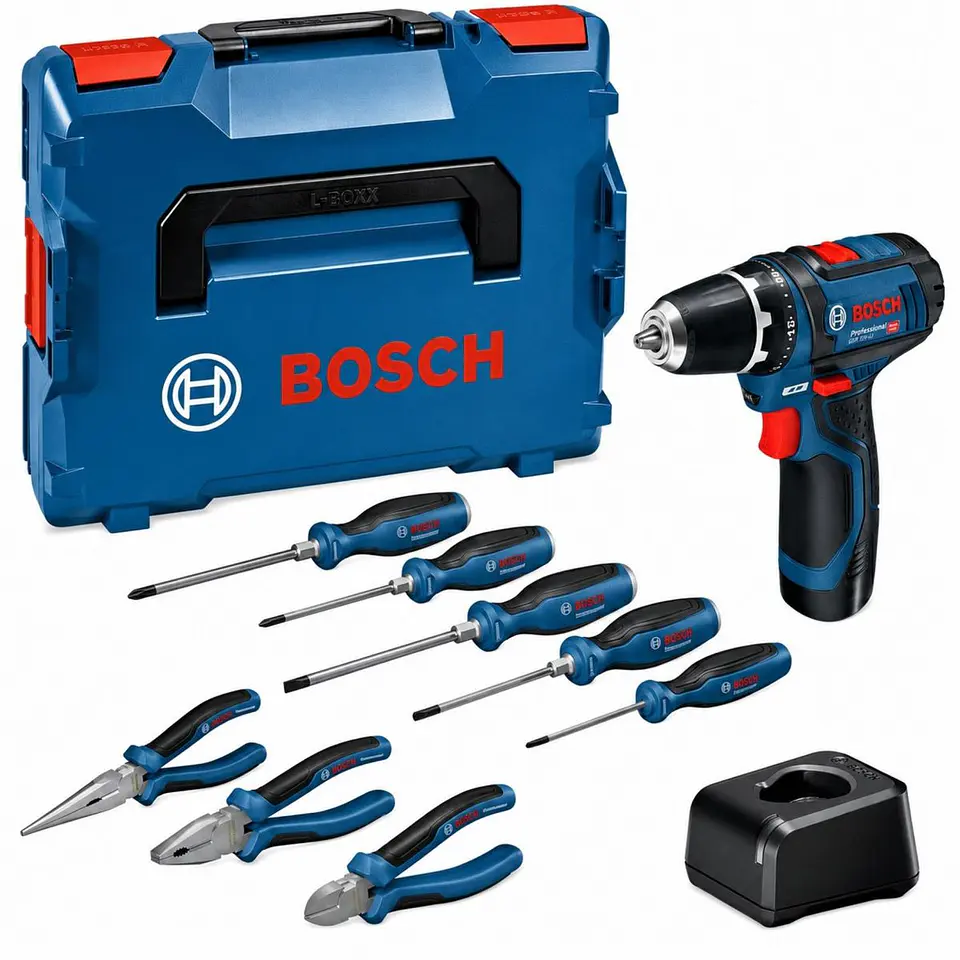 Conjunto de aparafusadora sem fio GSR 12V-15 com 2 baterias 12V 2.0Ah + Ferramentas manuais BOSCH 1