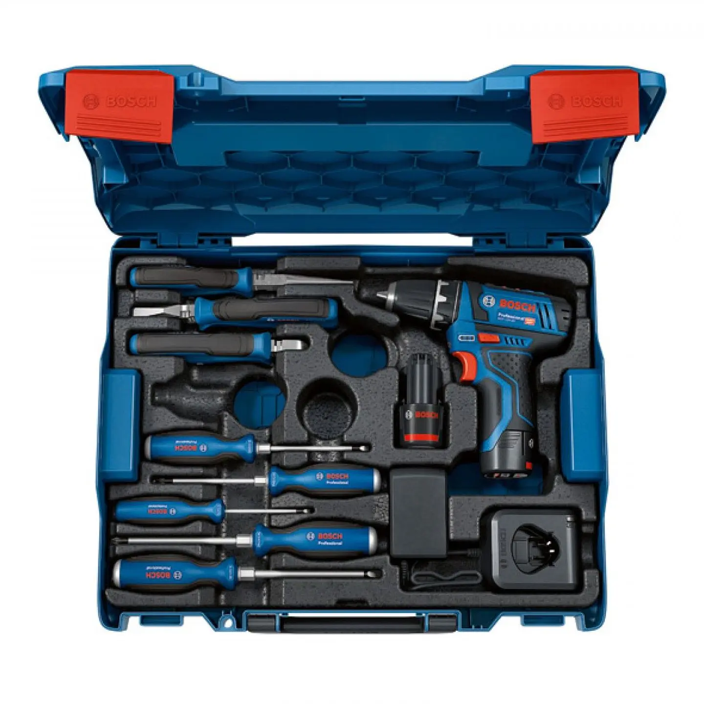 Conjunto de aparafusadora sem fio GSR 12V-15 com 2 baterias 12V 2.0Ah + Ferramentas manuais BOSCH 2