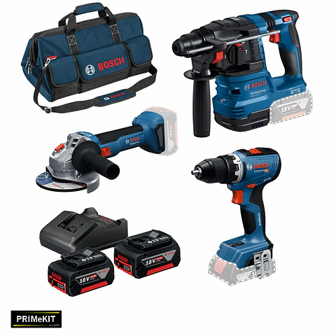 Conjunto sem fio Aparafusadora GSR 18V-65 + Rebarbadora GWS 18V-8 (125) + Martelo GBH 18V-22 + 2 Baterias 18V 4.0Ah PRIMeKIT BOSCH