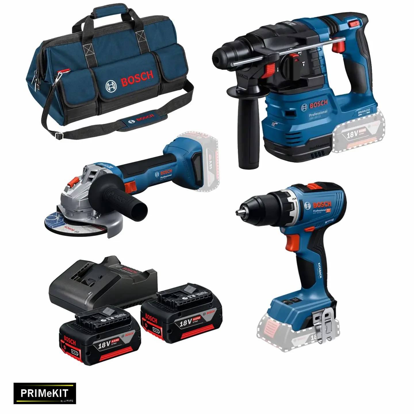 Conjunto sem fio Aparafusadora GSR 18V-65 + Rebarbadora GWS 18V-8 (125) + Martelo GBH 18V-22 + 2 Baterias 18V 4.0Ah PRIMeKIT BOSCH 2