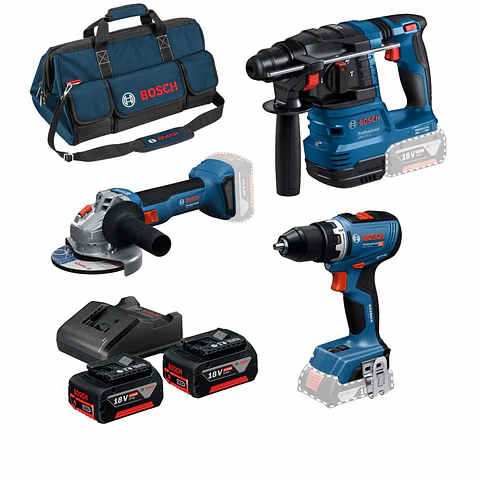 Conjunto sem fio Aparafusadora GSR 18V-65 + Rebarbadora GWS 18V-8 (125) + Martelo GBH 18V-22 + 2 Baterias 18V 4.0Ah PRIMeKIT BOSCH