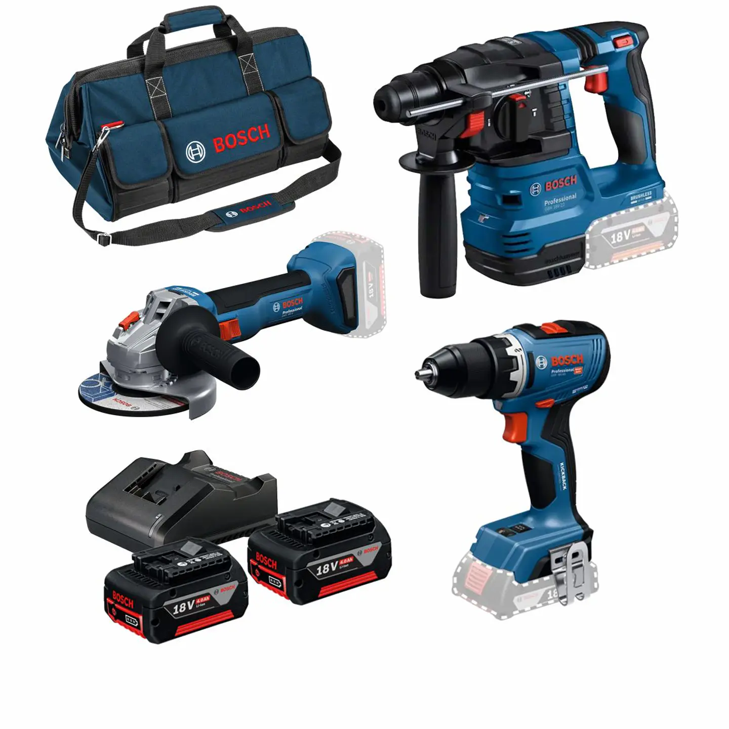 Conjunto sem fio Aparafusadora GSR 18V-65 + Rebarbadora GWS 18V-8 (125) + Martelo GBH 18V-22 + 2 Baterias 18V 4.0Ah PRIMeKIT BOSCH 1