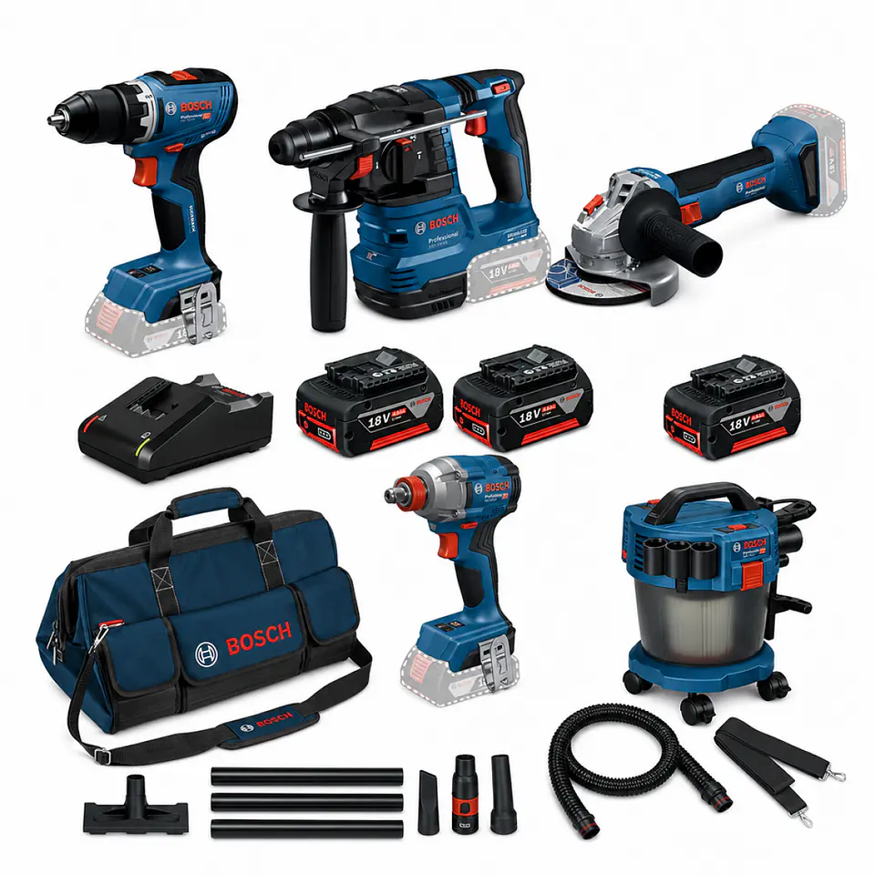 Conjunto sem fio Aparafusadora GSR 18V-65 + Rebarbadora GWS 18V-8 (125) + Martelo GBH 18V-22 + Aparafusadora Impacto + Aspirador sem fio + 3 Baterias 18V 4.0Ah PRIMeKIT BOSCH 1