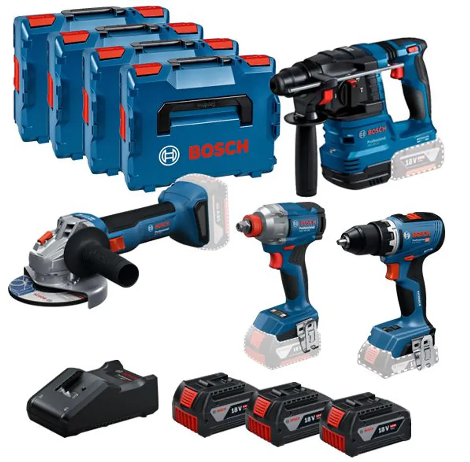 Conjunto Aparafusadora GSR 18V-65 + Aparafusadora impacto GDX 18V-285 + Rebarbadora GWS 18V-8 (125) + Martelo GBH 18V-22 + 3 Baterias 5.0Ah + 1 Carregador BOSCH 1
