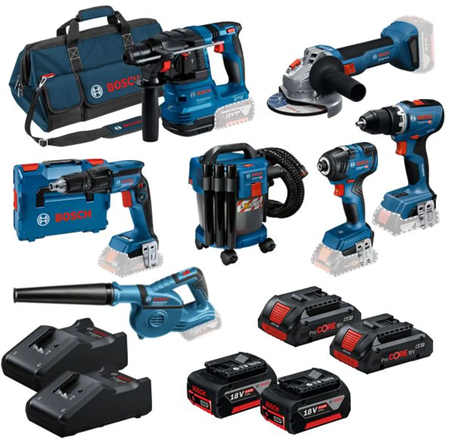 Conjunto de 7 ferramentas sem fio + 4 Baterias (2x 18V 4.0Ah + 2x ProCORE18V 4.0Ah) + 2 Carregadores PRIMEKIT BOSCH 1