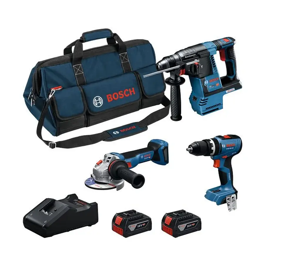 Conjunto Aparafusadora GSB 18V-65, Rebarbadora GWS 18V-11 S, Martelo GBH 18V-22 + 2 Baterias 18V 4Ah BOSCH 1