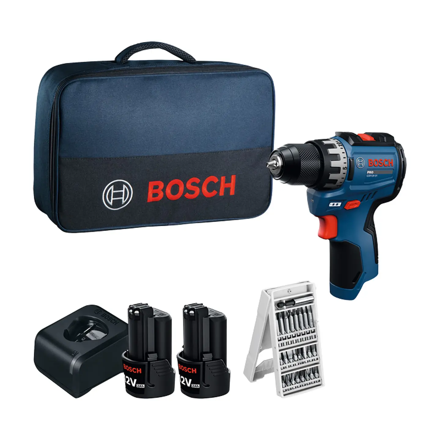 Aparafusadora sem fio GSR12V-31 + 2 Baterias GBA12V-20 + Carregador GAL 12V-20 + 25 Pontas em mala de lona BOSCH 1