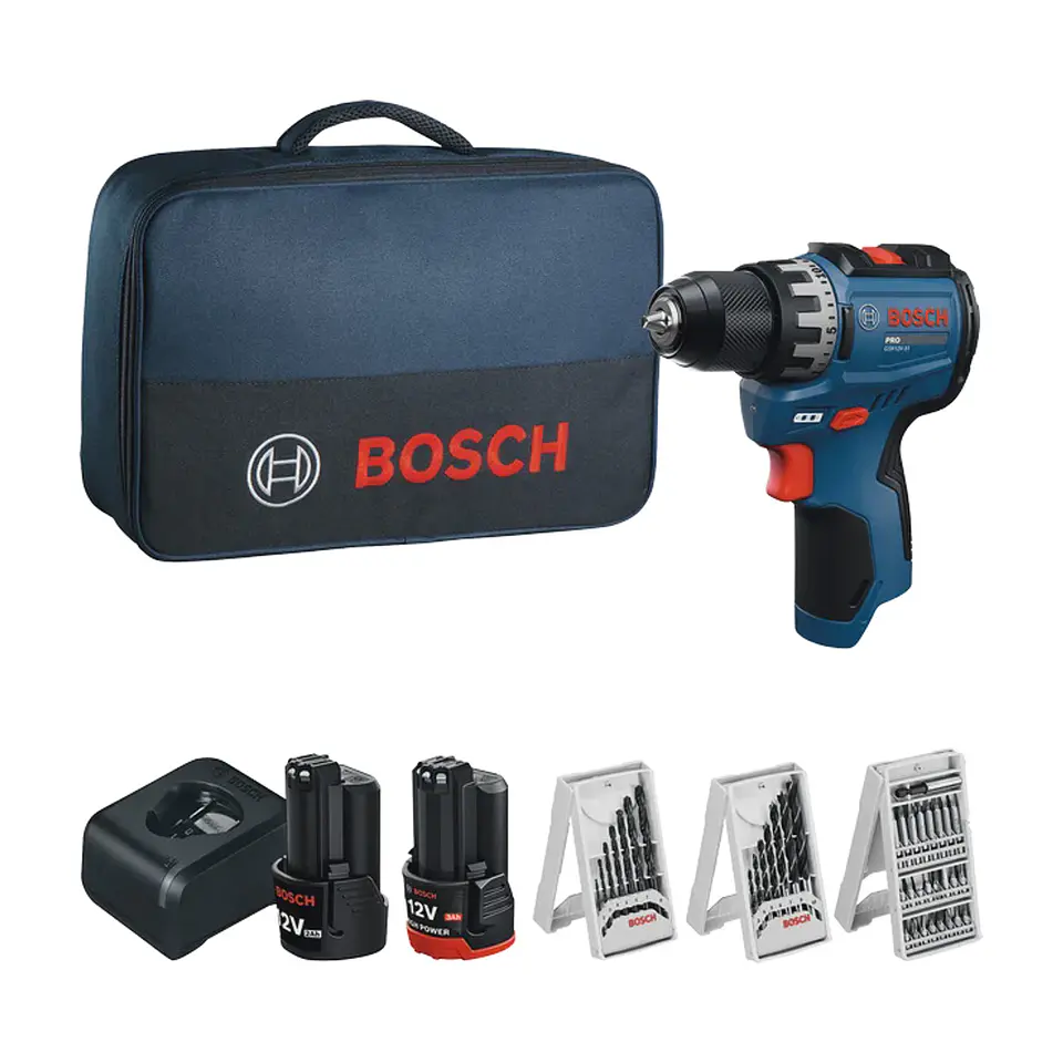 Aparafusadora sem fio GSR12V-31 + 1 Bateria GBA 12V 2,0Ah + 1 Bateria GBA 12V 3,0Ah + 1 Carregador GAL 12V-20 + Conjunto 32 acessórios BOSCH 1