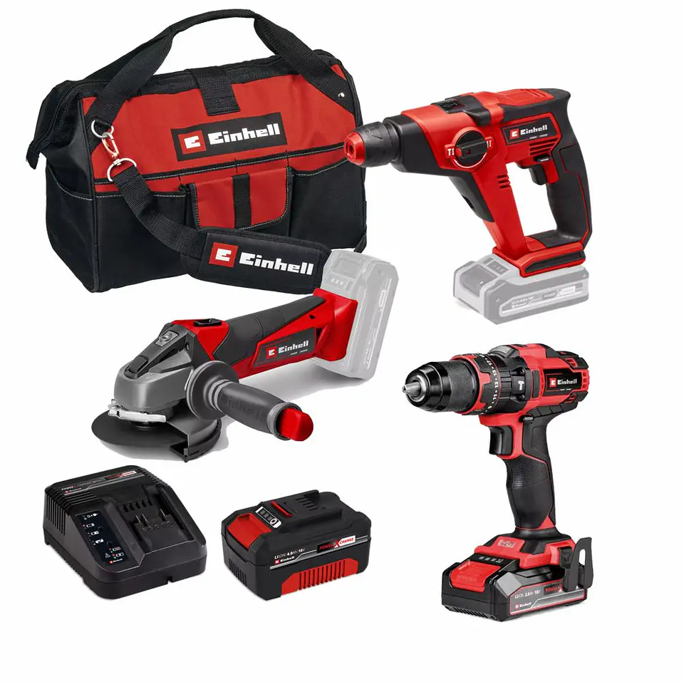 Conjunto de Aparafusadora TE-CD 18/44 Li-i + Rebarbadora TC-AG 18/115 Li + Martelo perfurador SDS Plus TE-HD 18/12 Li + 2 Baterias 18V (2.5Ah + 4.0Ah) EINHELL 1