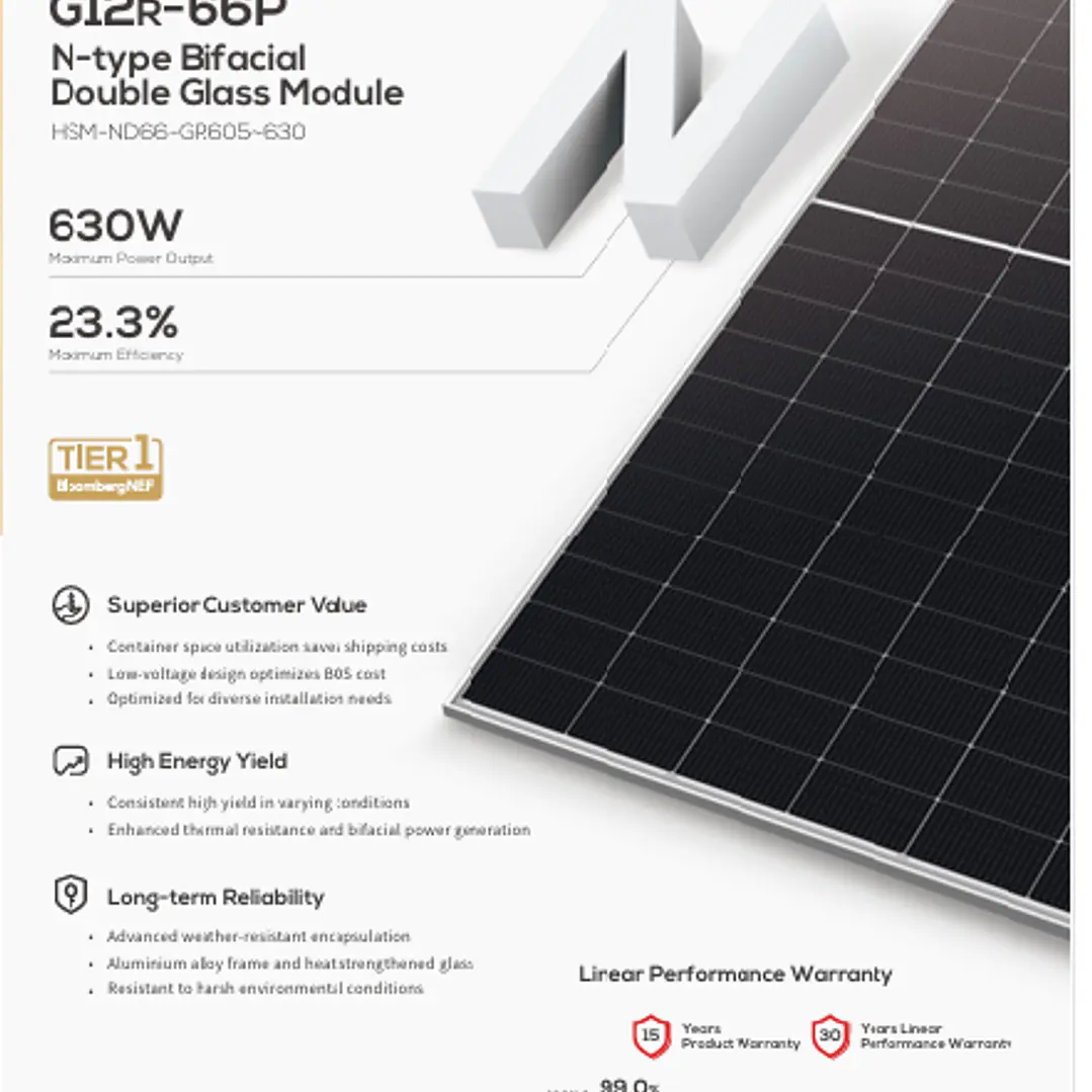 Panel Solar TCL 615W Bifacial N-Type TOPCon Doble Vidrio (HSM-ND66-GR615) cert SEC 1