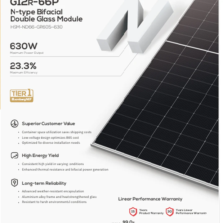 Panel Solar TCL 615W Bifacial N-Type TOPCon Doble Vidrio (HSM-ND66-GR615) cert SEC 1