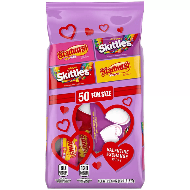 Mars Starburst and Skittles Valentine's Classroom Exchange Variety Pack Candy - 20.13oz/50ct